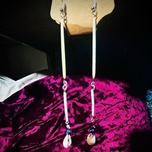 Native American handmade porcupine quill drop earrings,purple/blue accent beads